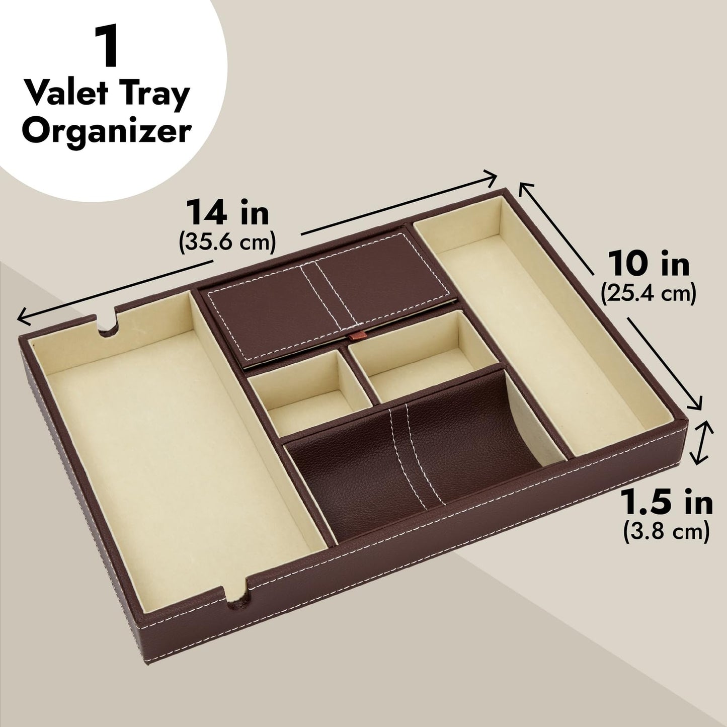 Juvale Rectangular Catchall Tray - 6-Compartment Nightstand Organizer - Polished Key Bowl - Portable Drawer Organizer - Brown Faux Leather