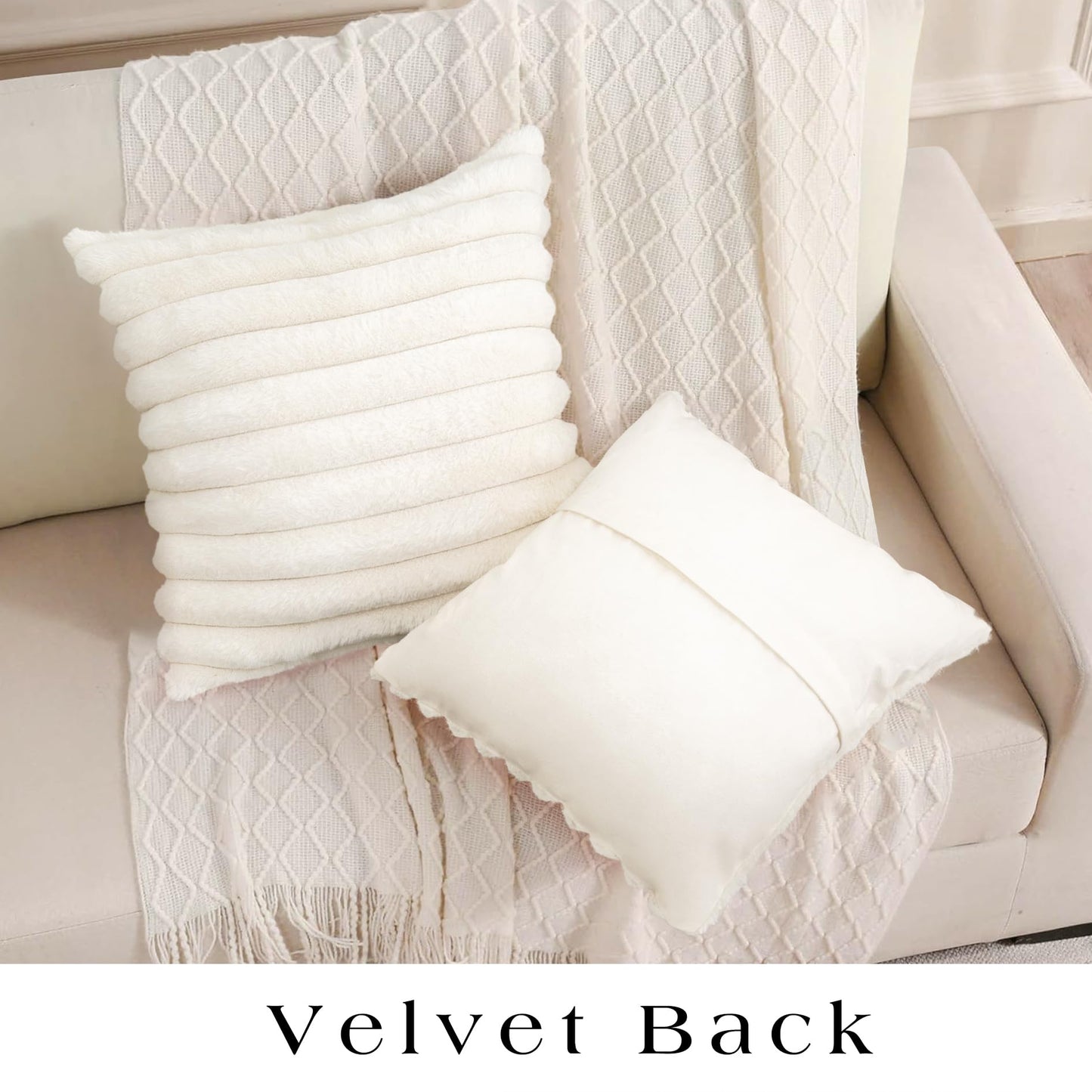 Uhomy 2 Pack Faux Fur Plush Decorative Throw Pillow Covers Fuzzy Striped Soft Pillowcase Cushion Covers for Living Room Sofa Couch Bedroom, 12x20 inch 30x50 Cm True White