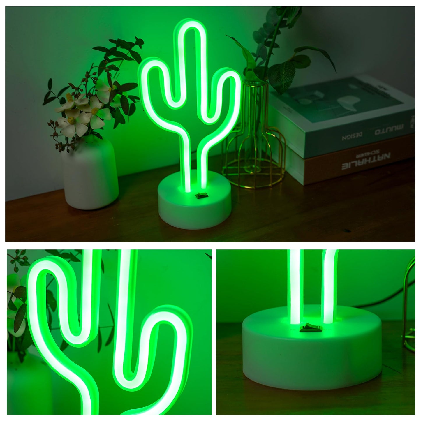 Green Cactus Neon Lights with Holder Base, Cactus Neon Signs for Bedroom, Tabletop, Bar, Birthday, Christmas Decor, Luau Summer, Mexican Party, Battery/USB Powered LED Night Light Children Gift