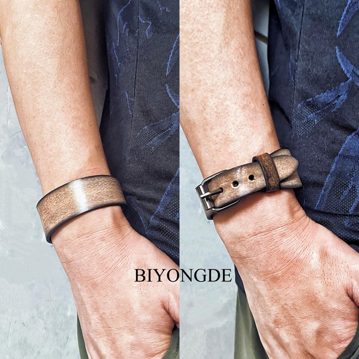 BIYONGDE Mens Black Leather Wristband Bangle Bracelet, Buckle Clasp, Size Adjustable, Cool Stylish Tribal Ethnic