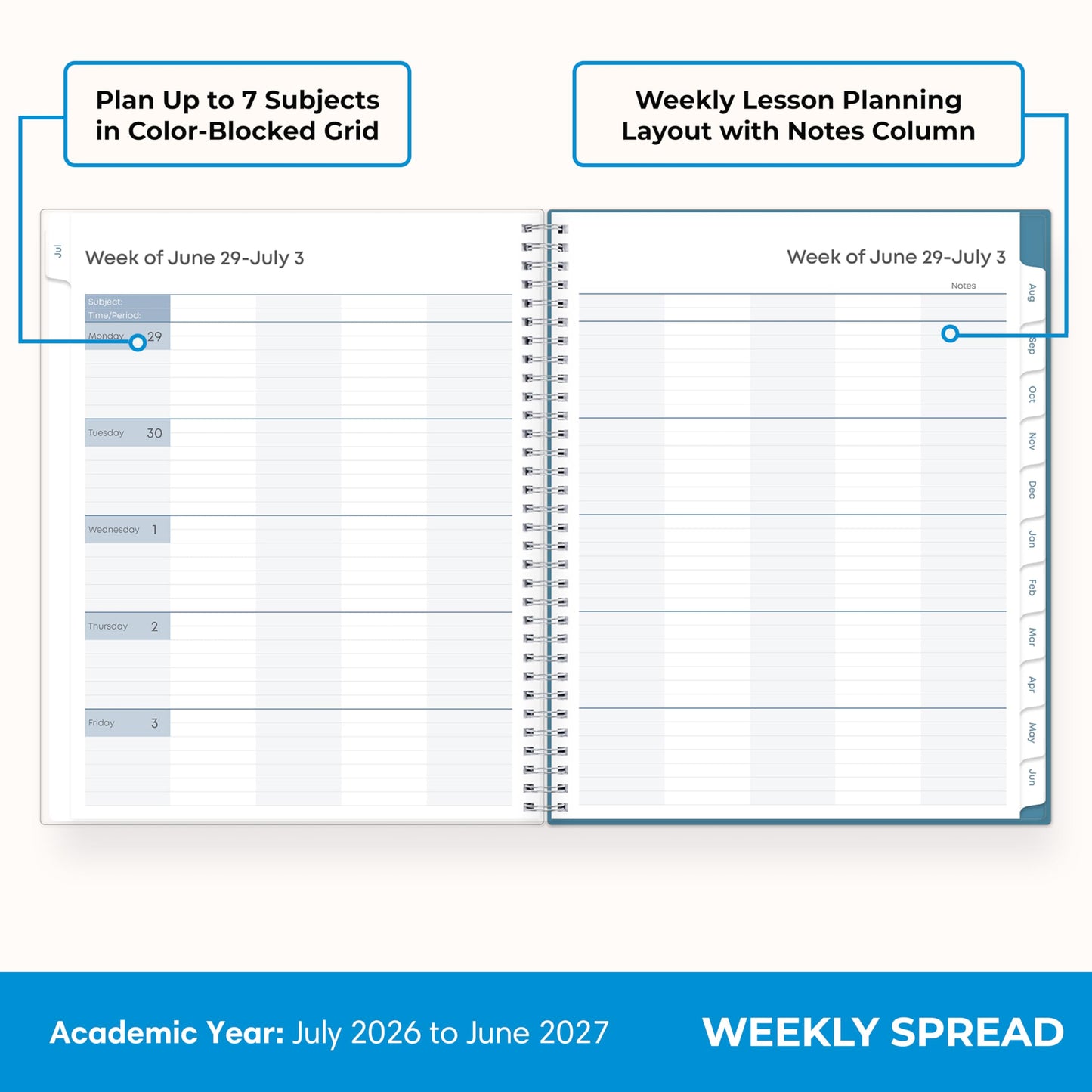 Blue Sky 2026-2027 Weekly and Monthly Academic Year Teacher Lesson Planner Calendar, July 2026 - June 2027, 8.5" x 11", Clear Pocket Cover, Wirebound, Laminated Tabs, Storage Pocket, Ditsy Dapple Light