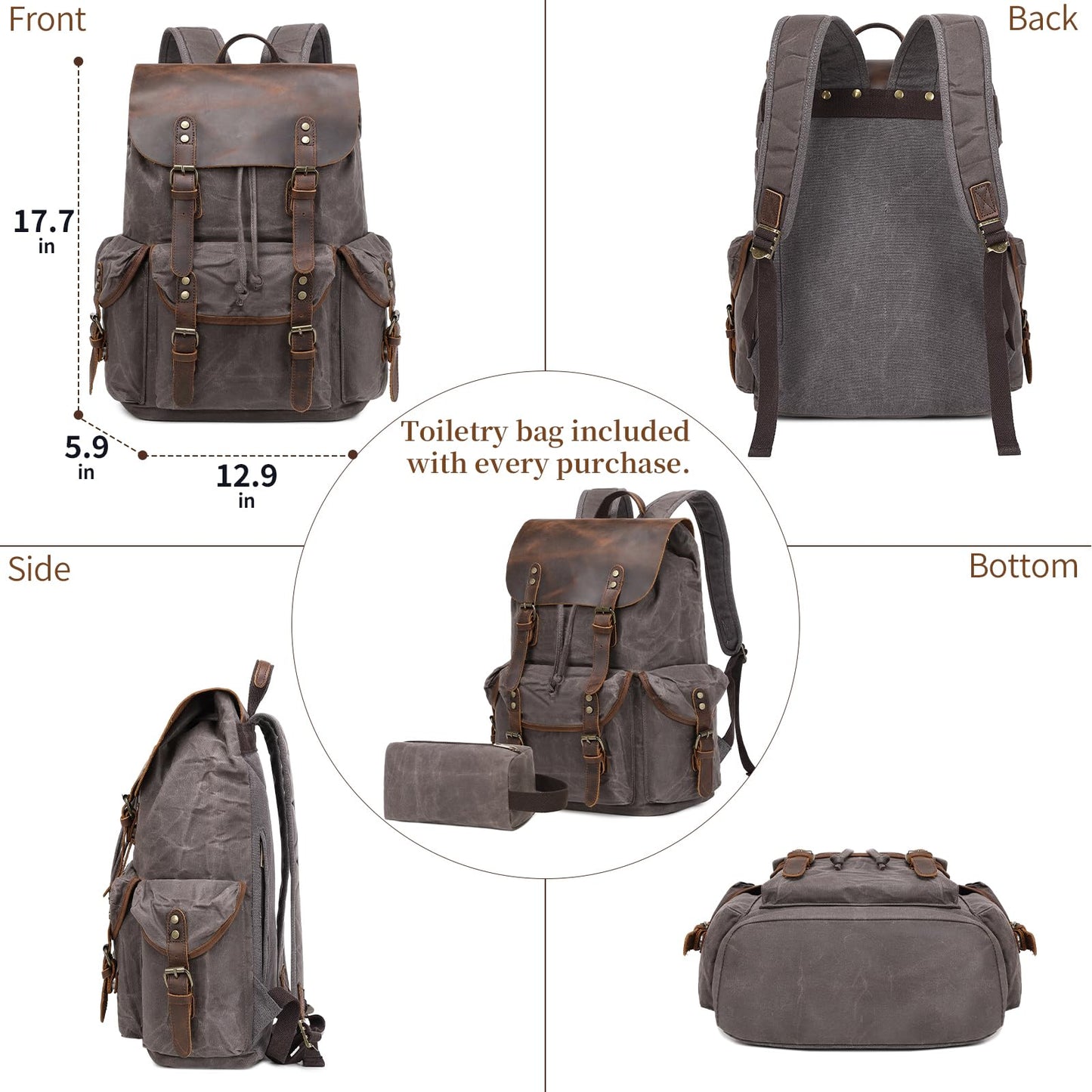 Yamons Genuine Leather Backpack for Men, Waxed Canvas Backpack Shoulder Rucksack with Toiletry Vintage Backpack for Travel,Camping, Hiking(Grey)