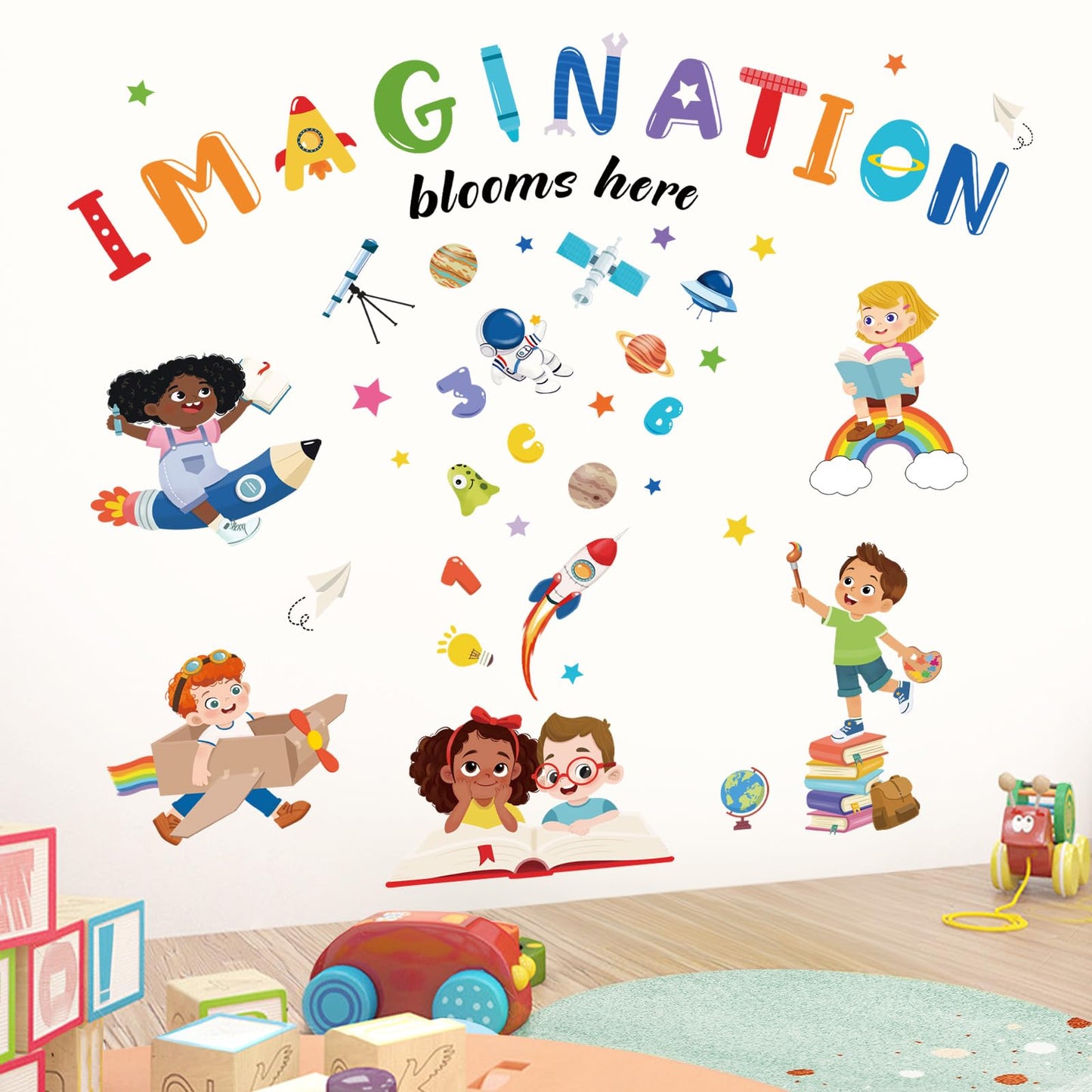 wondever Kids Inspirational Quotes Wall Decals Imagination Blooms Here Reading Corner Education Peel and Stick Wall Art Stickers for School Classroom Kids Room