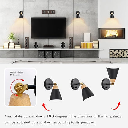 Wall Sconce Set of 2, Wall Sconce Lighting Fixture with Metal Shade, Rotary Switch, Indoor Decor Wall Mount Swing Arm Lamp for Bedroom,Hallway,Living Room,Reading, Black