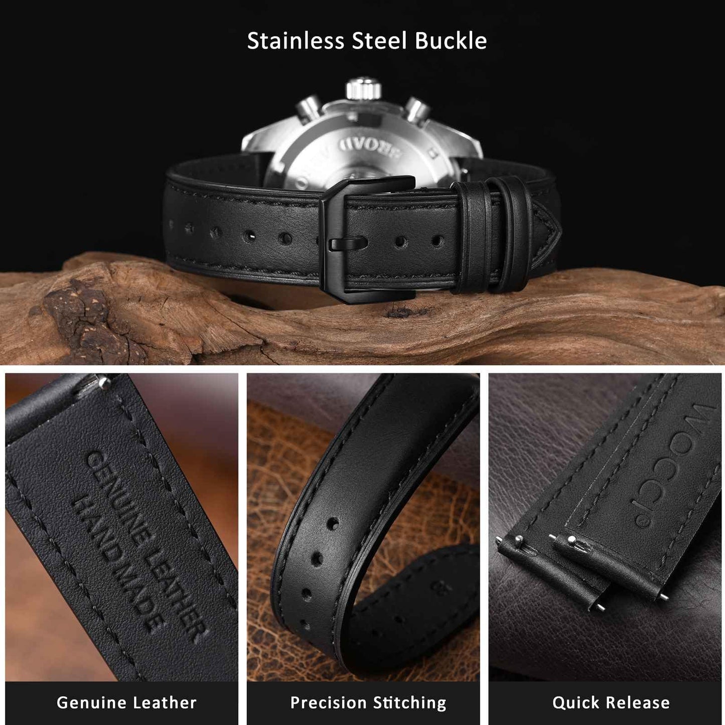 WOCCI 18mm Watch Band, Genuine Leather, Quick Release Replacement Strap, Black Buckle (Black)