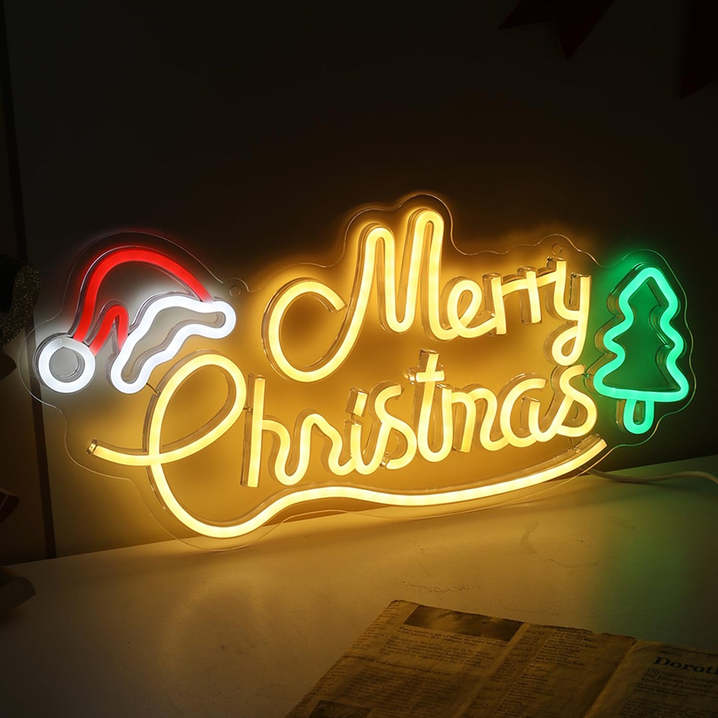 JoyHue Merry Christmas Neon Signs, 16.7*7.9Inch LED Christmas Lights with Xmas Tree and Santa Hat for Wall, Window, Party, Bar, Pub, Club, Kids Bedroom Decorations and Gifts, USB Powered