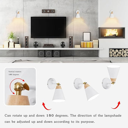 Wall Sconce Set of 2, Wall Sconce Lighting Fixture with Metal Shade, Rotary Switch, Indoor Decor Wall Mount Swing Arm Lamp for Bedroom,Hallway,Living Room,Reading, White