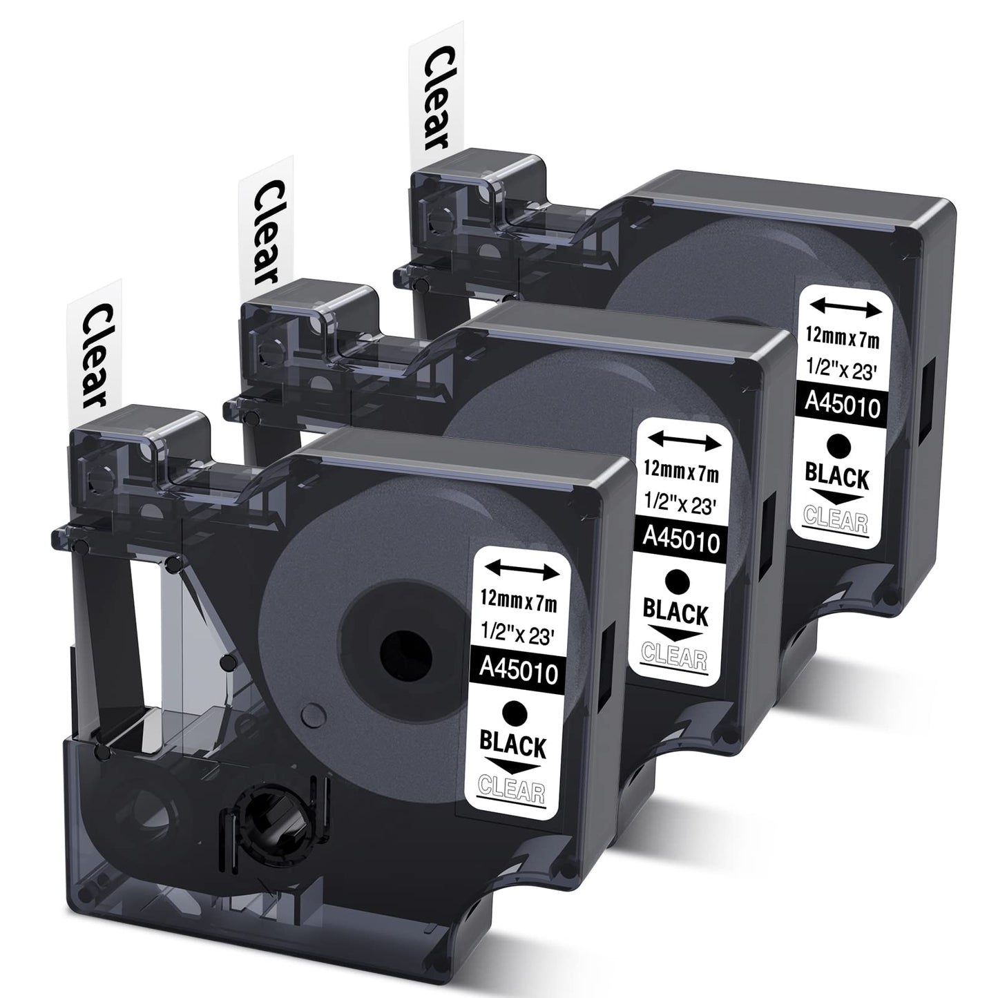 Compatible DYMO D1 Label Tape Black on Clear Replace for DYMO Label Maker Refills 45010 S0720500, 1/2Inch x 23Ft for Dymo LabelManager 160 210D 280 360D Labeler, 3-Pack