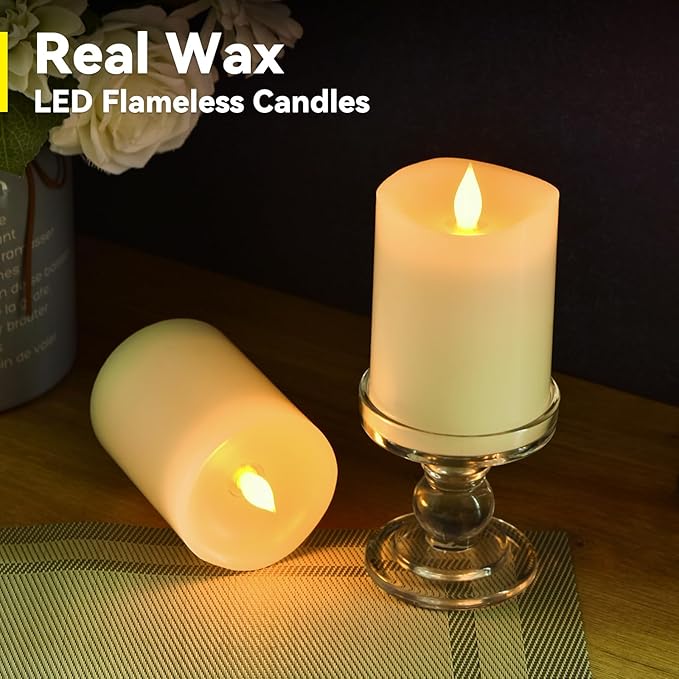 3"x4" Flickering Flameless Battery Candles with Timer, Ivory Realistic LED Pillar Candles, Set of 2 Large Remote-Operated Candles for Home Indoor/Outdoor & Holiday Decor