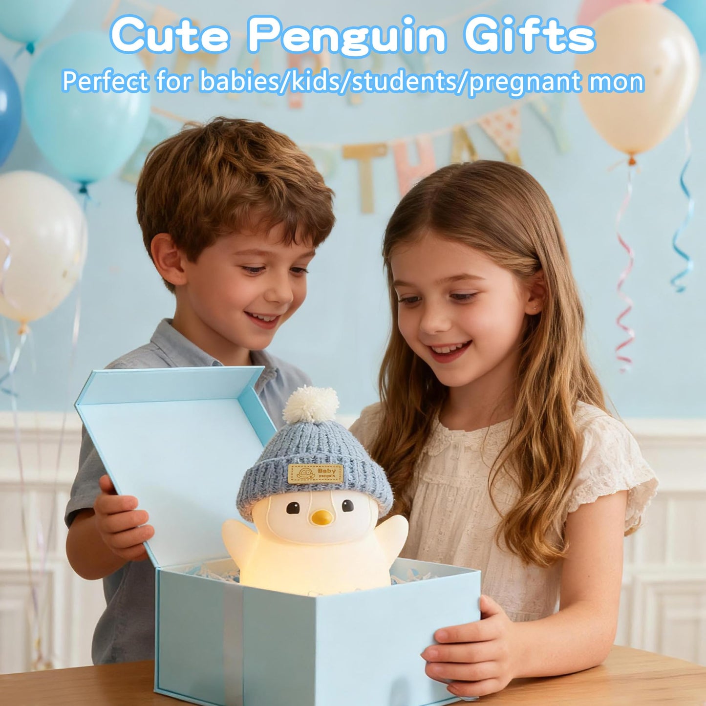 FAMIDUO Penguin Night Light for Kids, Adorable Penguin Lamp with Hat, Food Grade Silicone Nursery Nightlight, Rechargeable/Dimmable/Timer,LED Squishy Novelty Animal Bedside Lamp,Funny Gifts for Boys