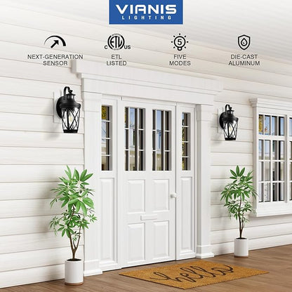VIANIS Exterior Lighting Fixtures, Black Outdoor Motion Sensor Light, 2-Pack Outdoor Lanterns for Porch, Anti-Rust Dusk to Dawn Sensor Wall Mount, Modern Exterior Wall Sconce Outside Lights for Patio