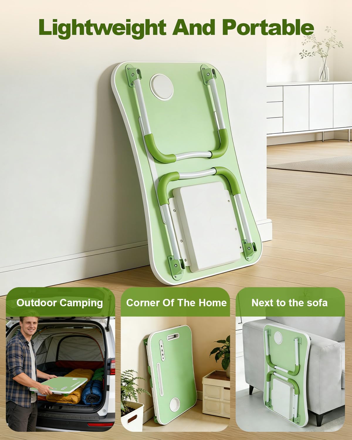 Foldable Laptop Bed Desk with Cup Holder and Fan Slot, Portable Lap Table for Work and Study, 23x15.5x9.65 Inches (Green)