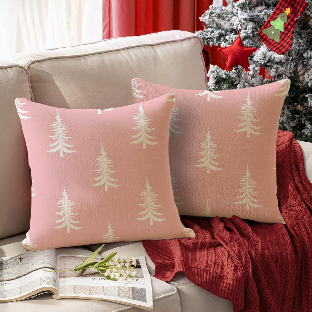 RABUSOFA Christmas Pillow Covers 18x18 inch Set of 2 Indoor Outdoor Waterproof Blush Christmas Decor Tree Decorative Throw Cushion Cases Winter Xmas Holiday Decoration for Couch Patio Pink