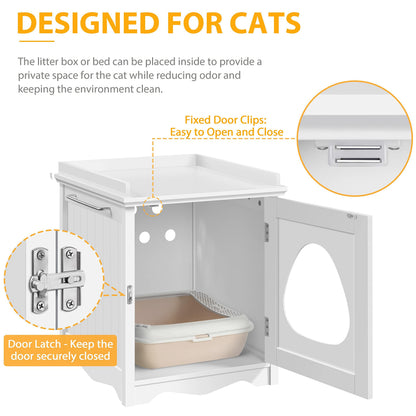 Yaheetech Cat Litter Box Enclosure, Hidden Litter Box Furniture with Side Towel Bar, Wooden Cat Washroom, Storage Cabinet, Indoor Pet House, Side Table Nightstand, White