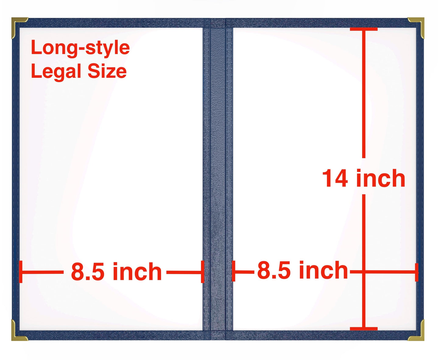 10 Pcs Menu Cover 8.5x14 Inch, Legal Size, 2 Pages / 4 Views Menu Sleeves, Clear Waterproof PVC Menu Holder (Blue Edge, Gold Metal Corners)