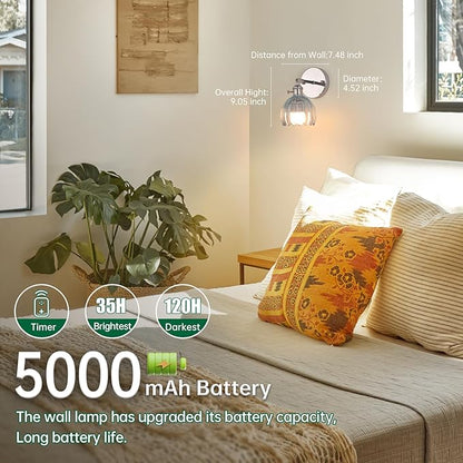 Vintage 5000 mAh Battery Operated Wall Sconce with Clear Light Blue Tulip Glass Lampshade Rechargeable Battery Powered Wall Light with Remote Control for Bedroom Doorway, Set of 2
