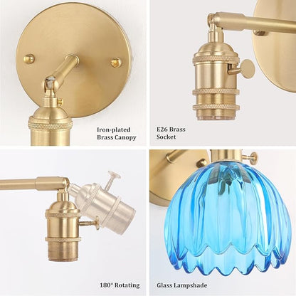 Vintage 5000 mAh Battery Operated Wall Sconce with Blue Clear Tulip Glass Lampshade Rechargeable Battery Powered Wall Light with Remote Control for Bedroom Doorway, Set of 2