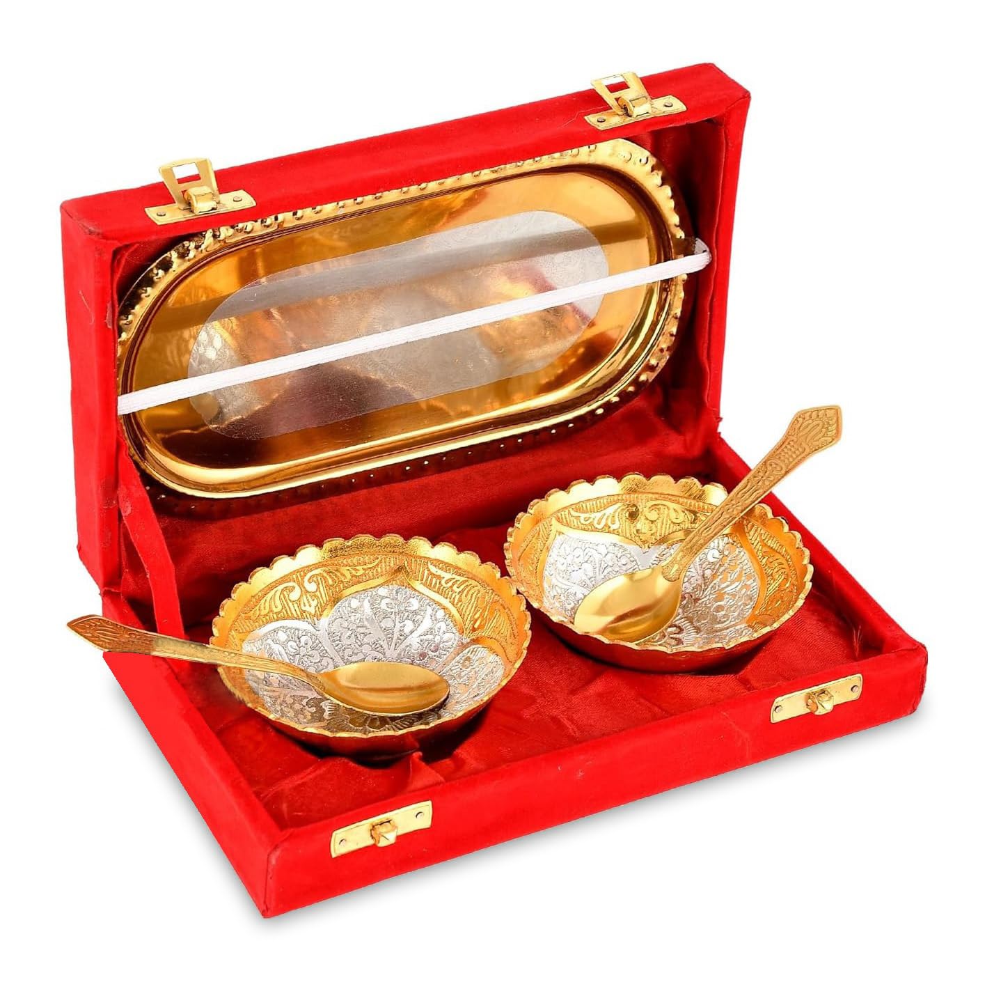 NOBILITY Bowl Spoon Tray Set Gold and Silver Plated Light Weight with Gift Box Dessert Dry Fruits Serving Gift Items Diwali Christmas Eid Wedding Return Home Decoration Gifts