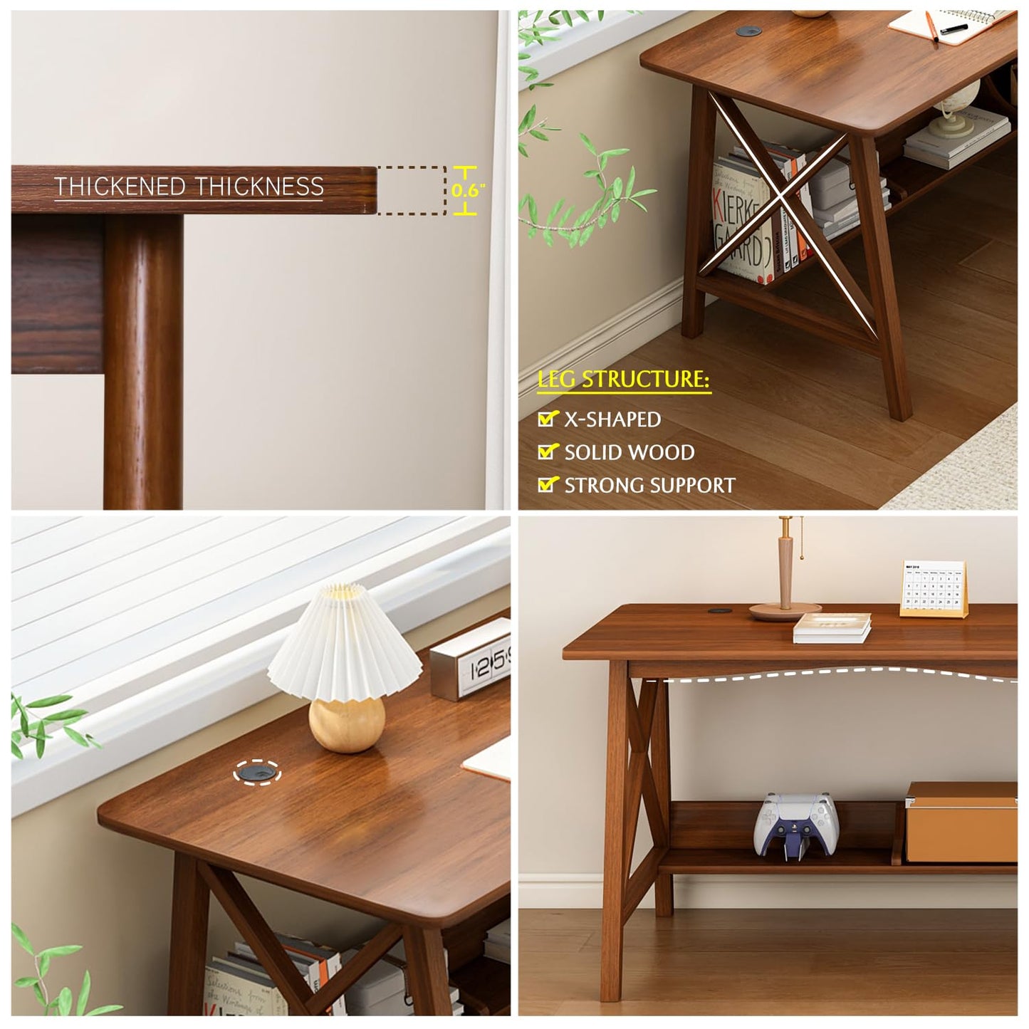 NELYE Extra Long Desk with Bookshelf - Wooden Home Office Work Study Table, Writing Computer Workstation with Storage Shelf in Wanut, 47" Wx16 Dx30 H
