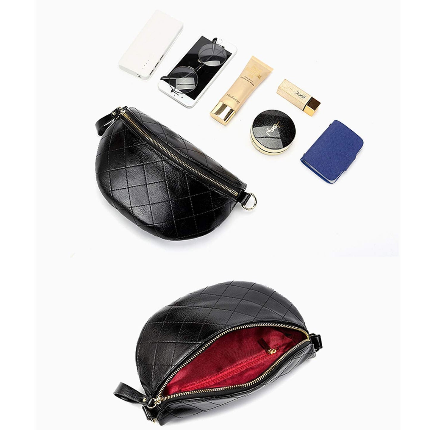 Leather Fanny Pack for Women Crossbody, Dressy Belt Bag with Gold Chain - Black Luxury Waist Purse(Black-2)