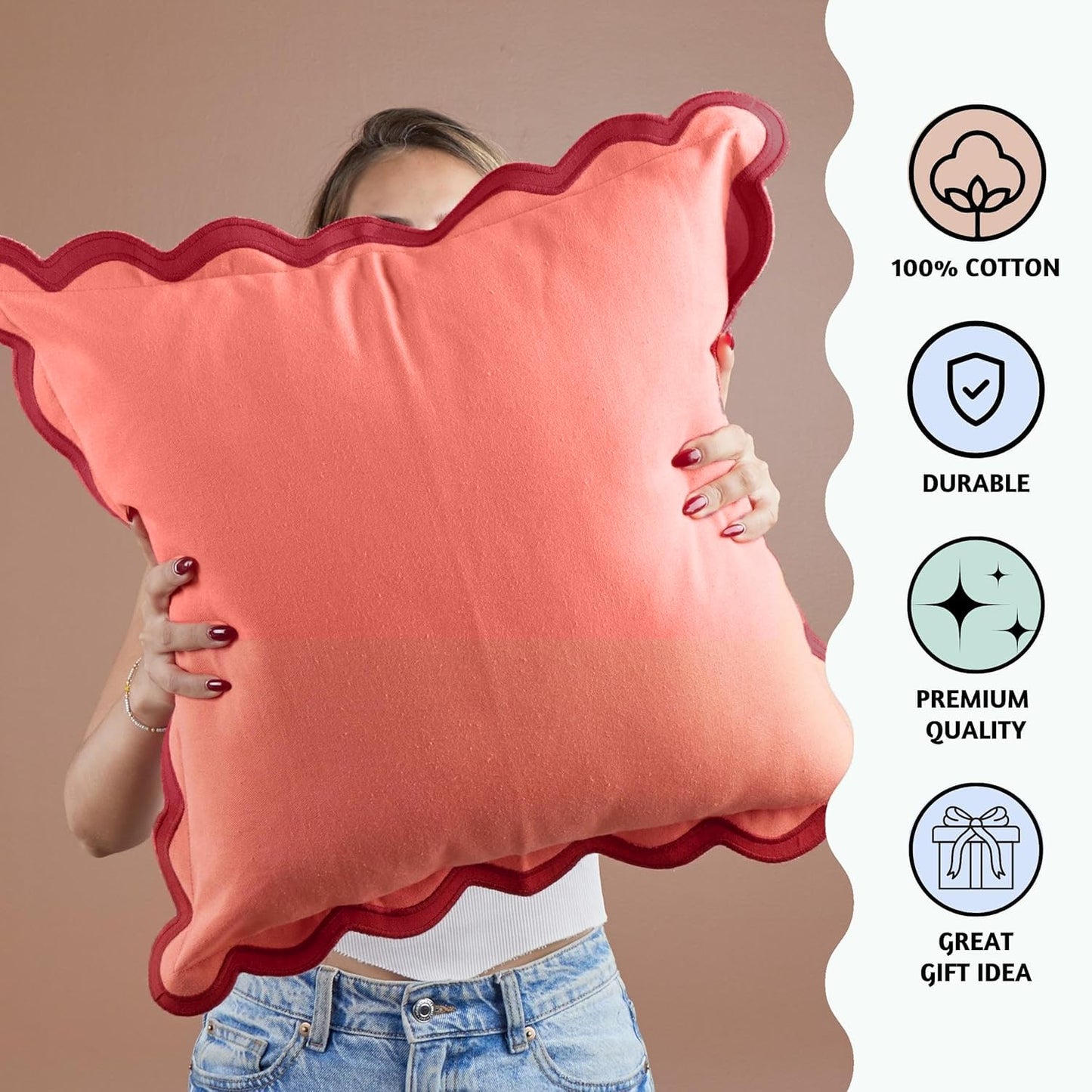 Folkulture Fall Pillow Covers 18x18 - Set of 2 | Red Fall Throw Pillows for Living Room, Fall Bedroom Decor |Decorative, Cute, Aesthetic, Preppy, Scalloped Outdoor Pillows for Couch,Farmhouse Decor