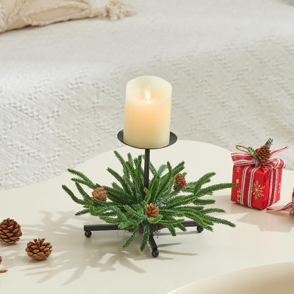 Heleze Christmas Candle Holder Set of 3, Black Iron Candle Tray Holders with Norfolk Pine Pinecones, 7.1 Inch Decorative Metal Stand for Table Centerpiece Mantle Xmas Decor
