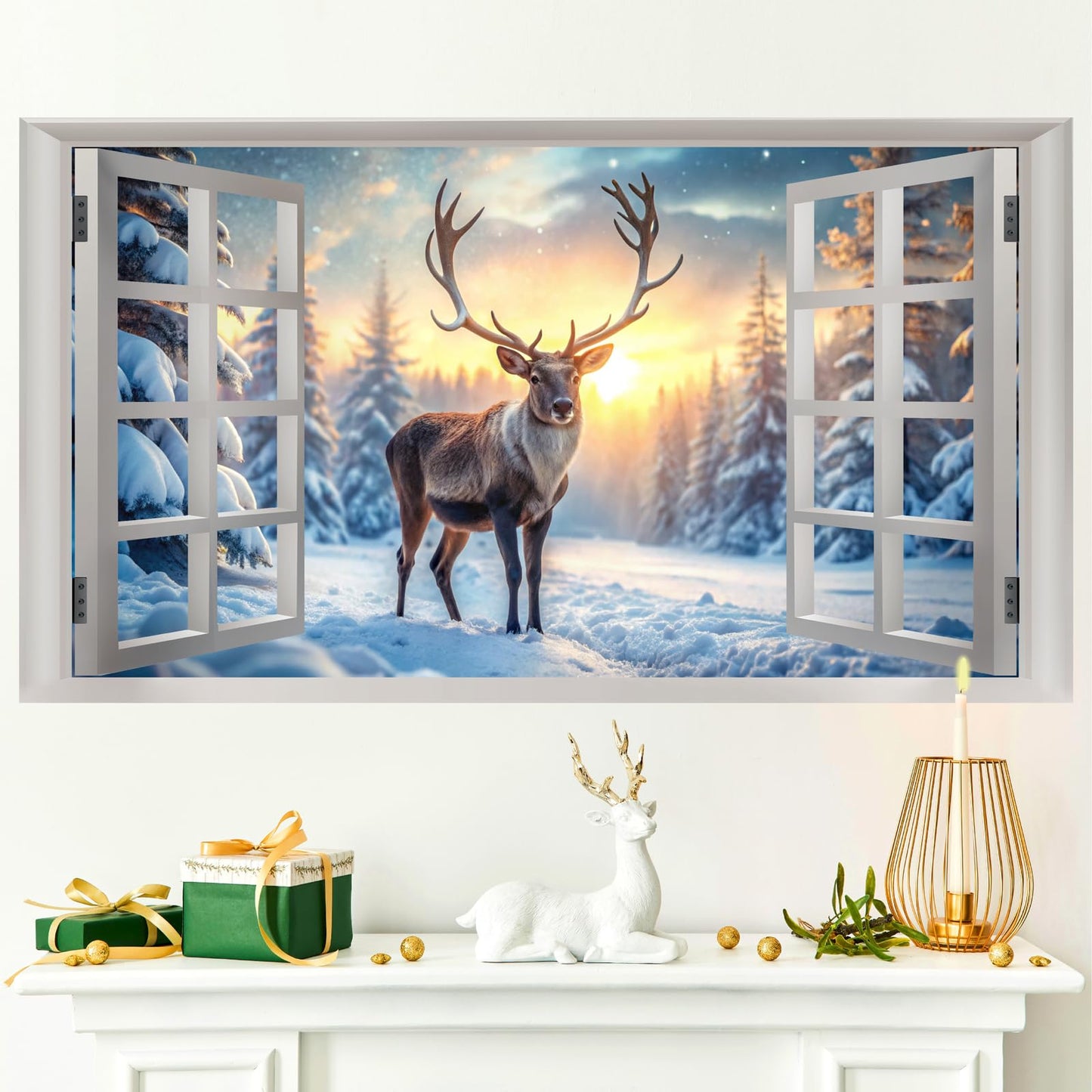 Winter Wall Stickers 3D Fake Windows Wall Stickers Christmas Wall Decals Peel and Stick Forest Wall Sticker Snowy Landscape Walls Decals Winter Pine Tree Art Murals for Living Room Bedroom Decor