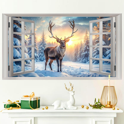 Winter Wall Stickers 3D Fake Windows Wall Stickers Christmas Wall Decals Peel and Stick Forest Wall Sticker Snowy Landscape Walls Decals Winter Pine Tree Art Murals for Living Room Bedroom Decor
