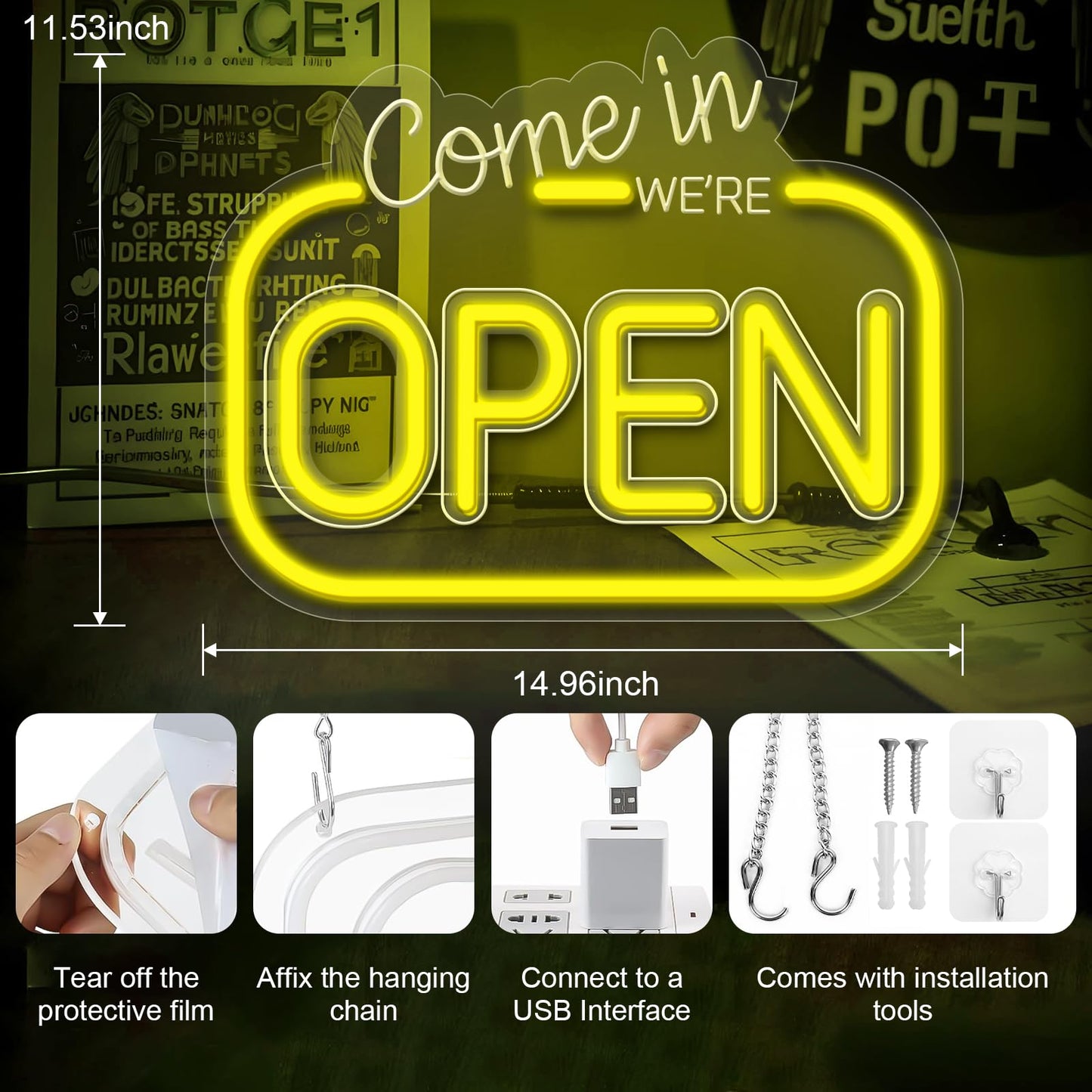Come In We Are Open Neon Sign, LED Light for Business, Dimmable Yellow USB Wall Art Decor for Coffee Shop, Bar, Restaurant, Salon, Hotel