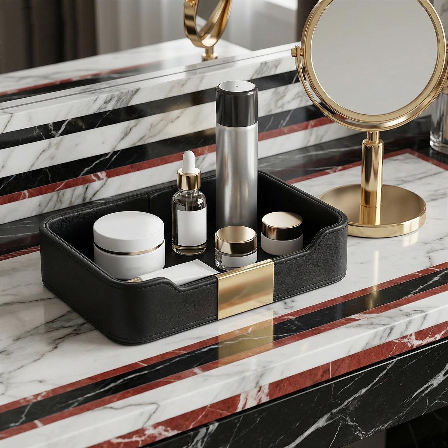 HOFURME Luxury Leather Valet Tray Desktop Storage Organizer, Bedside Vanity Catchall Tray Nightstand Caddy Holder for Cosmetic, Jewelry, Watch, Keys, Phone,Wallet, Remote Controller, Pen (Black)