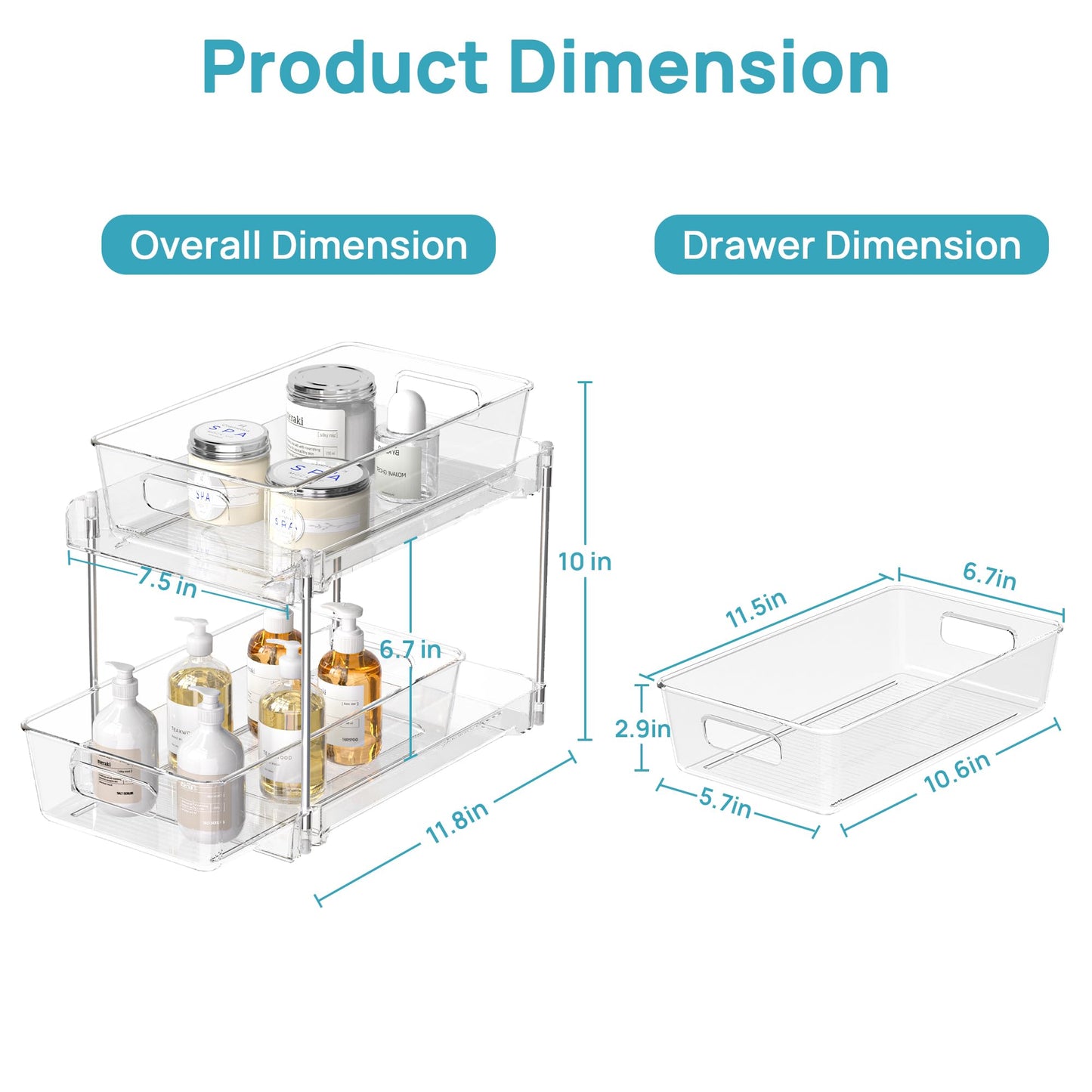 Vtopmart 2 Tier Bathroom Storage Organizer, 2 Pack Clear Under Sink Organizers Vanity Counter Container, Cabinet Drawers Bins, Pull-Out Organization with Track for Pantry, Kitchen