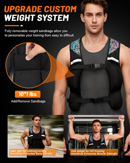 Weighted Vest for Woman Men, 0-10lbs Adjustable Running Vest with 10 Removable Weights, Weight Training Vest for Weight Loss, Colorful Reflective Straps & Phone Pockets, Machine Washable