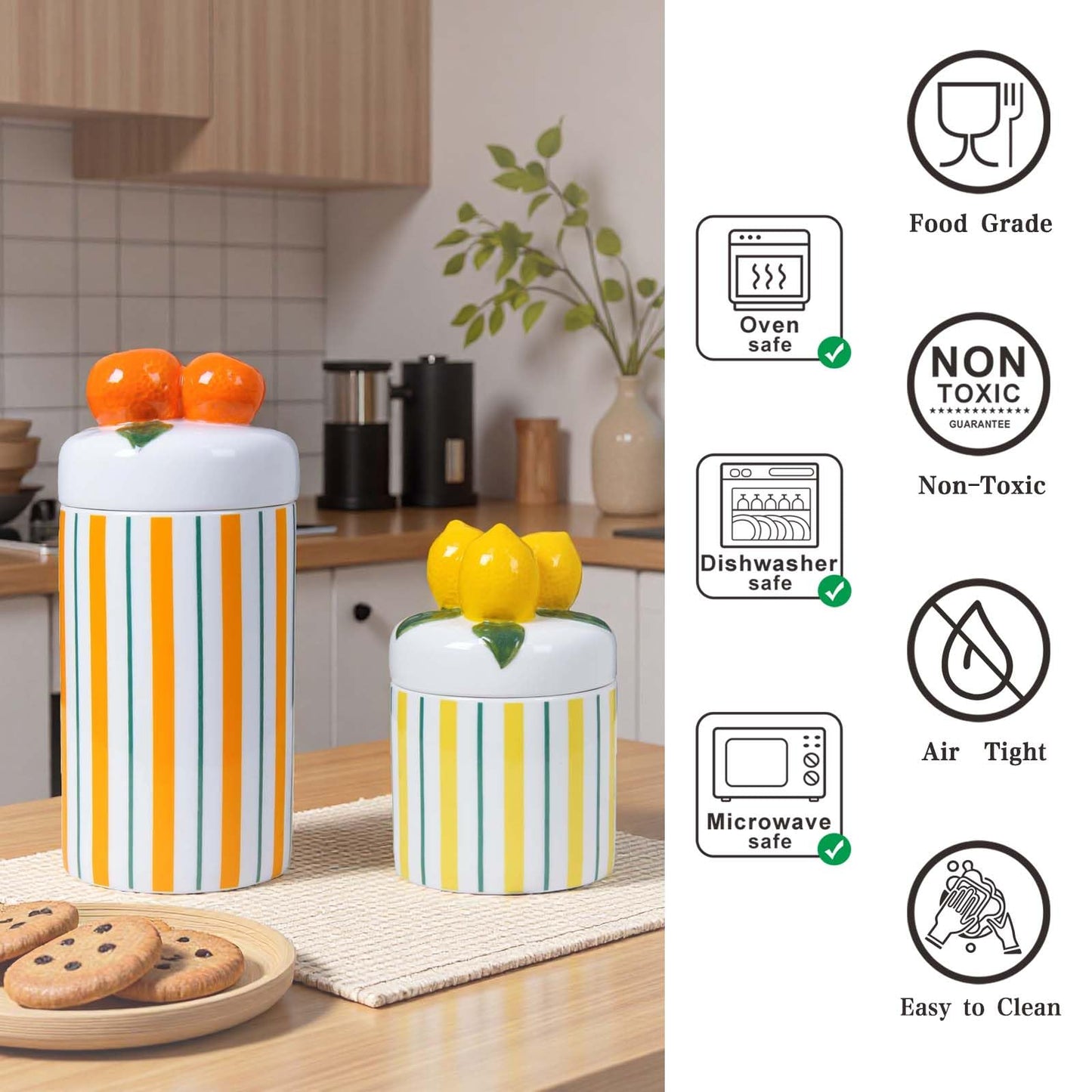 Iryanthos Cookie Jar with Airtight Lid, 9.65" H Ceramic Food Storage Containers for Kitchen Countertop Decor, Personalized Striped Jars with Orange-shaped Lid, For Candy Tea Coffee Spices Nut Honey