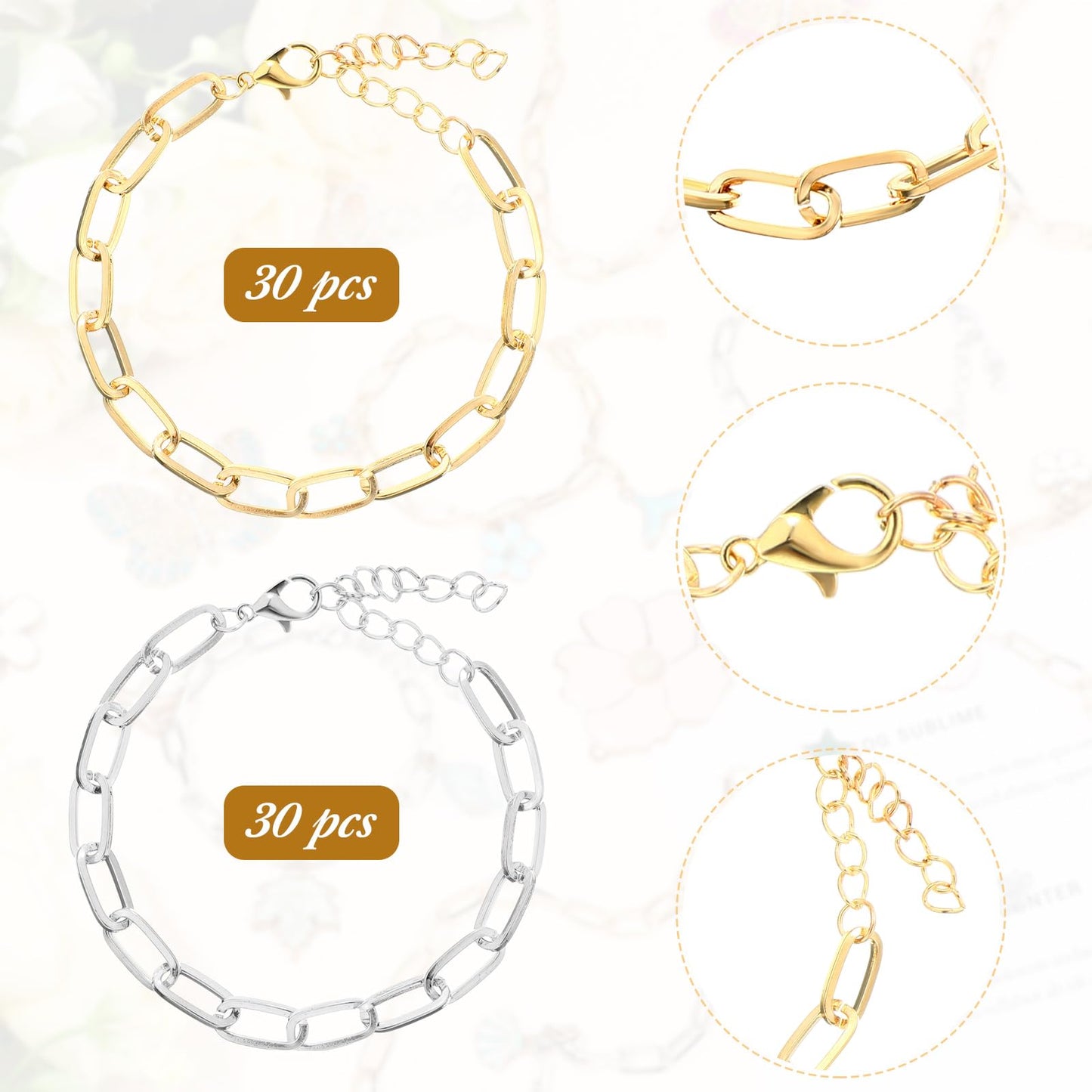 Quelay 60 Pcs Chain Bracelet Bulk Alloy Link with Lobster Clasps for Women DIY Jewelry Findings Bracelet Jewelry Making Supplies Accessories (Gold and Silver)