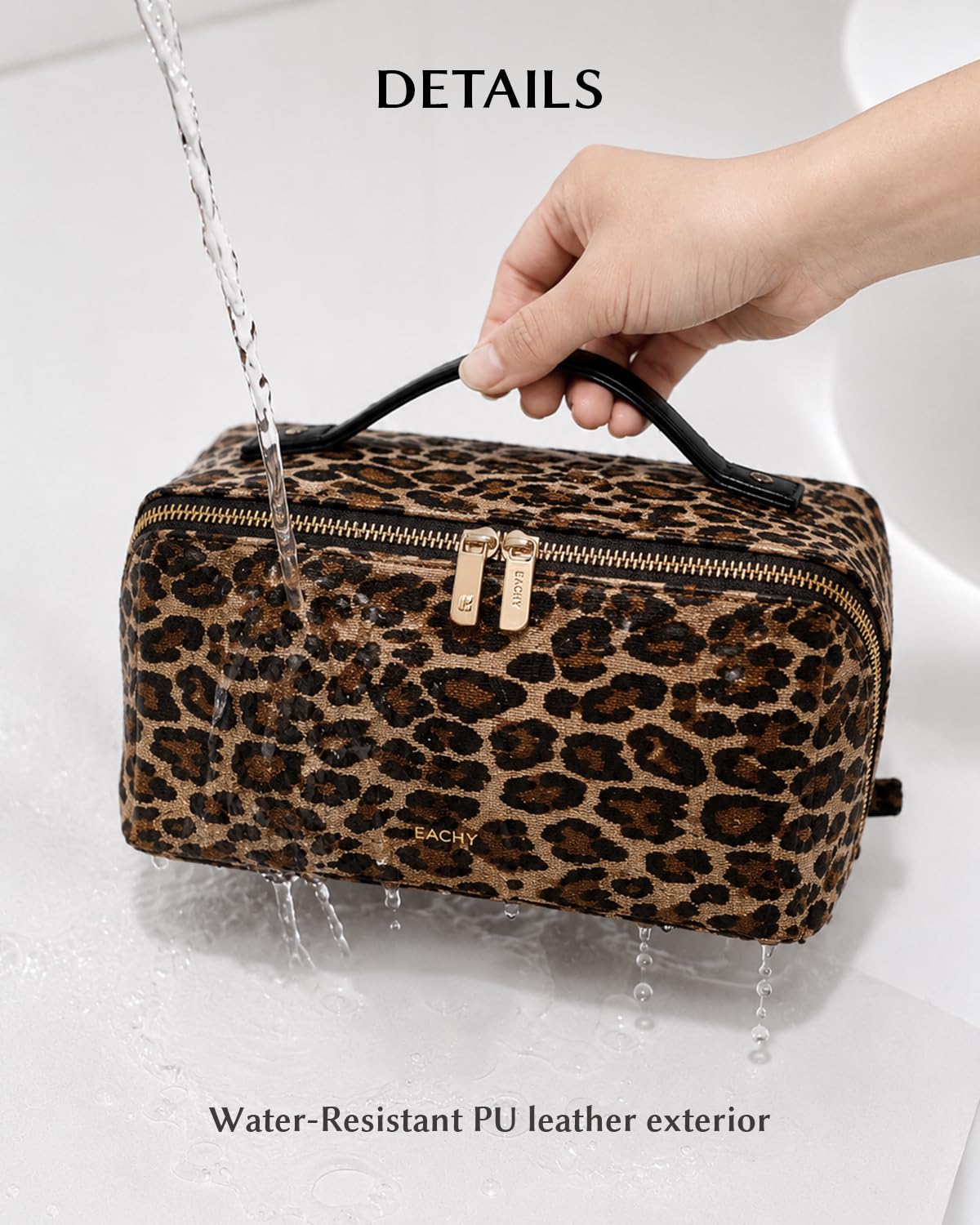 EACHY Travel Makeup Bag for Women, Large Leopard Print Cosmetic Bag with Upgraded Sturdy Zippers, Waterproof Leather Toiletry Organizer Pouch for Skincare Accessories