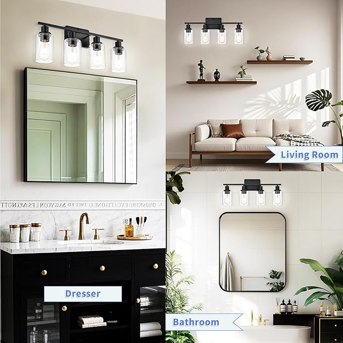 Black Bathroom Light Fixtures Over Mirror,4-Light Bathroom Vanity Light with Clear Glass Shade,Modern Wall Sconces Lighting for Bedrrom,Living Room,Kitchen,Cabinet