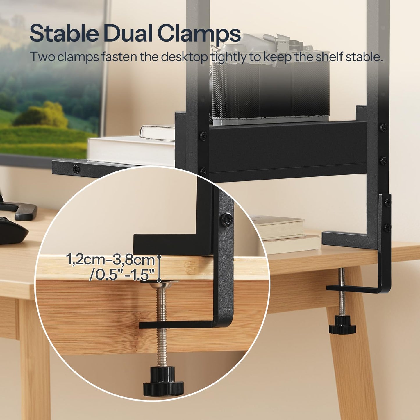 HOOBRO Clamp On Desk Shelf, 2-Tier Desktop Organizer, Space-Saving Desk Shelf with Adjustable Shelves, for Office, Study, Entertainment Accessories, Black BK32SJ01