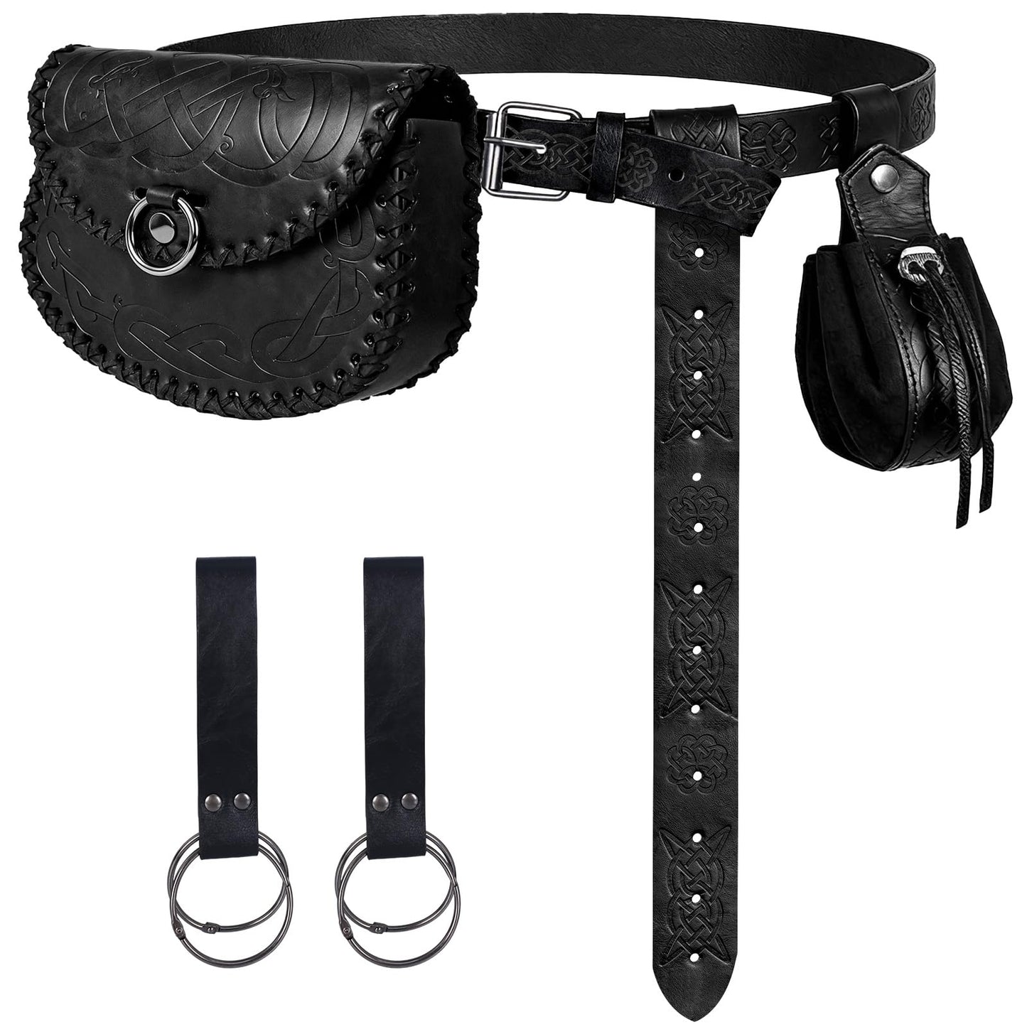 Renaissance Belt Pouch Waist Bag Set - Medieval Viking Pirate Coin Purse Skirt Hike for LARP Halloween Cosplay Accessories (Black)