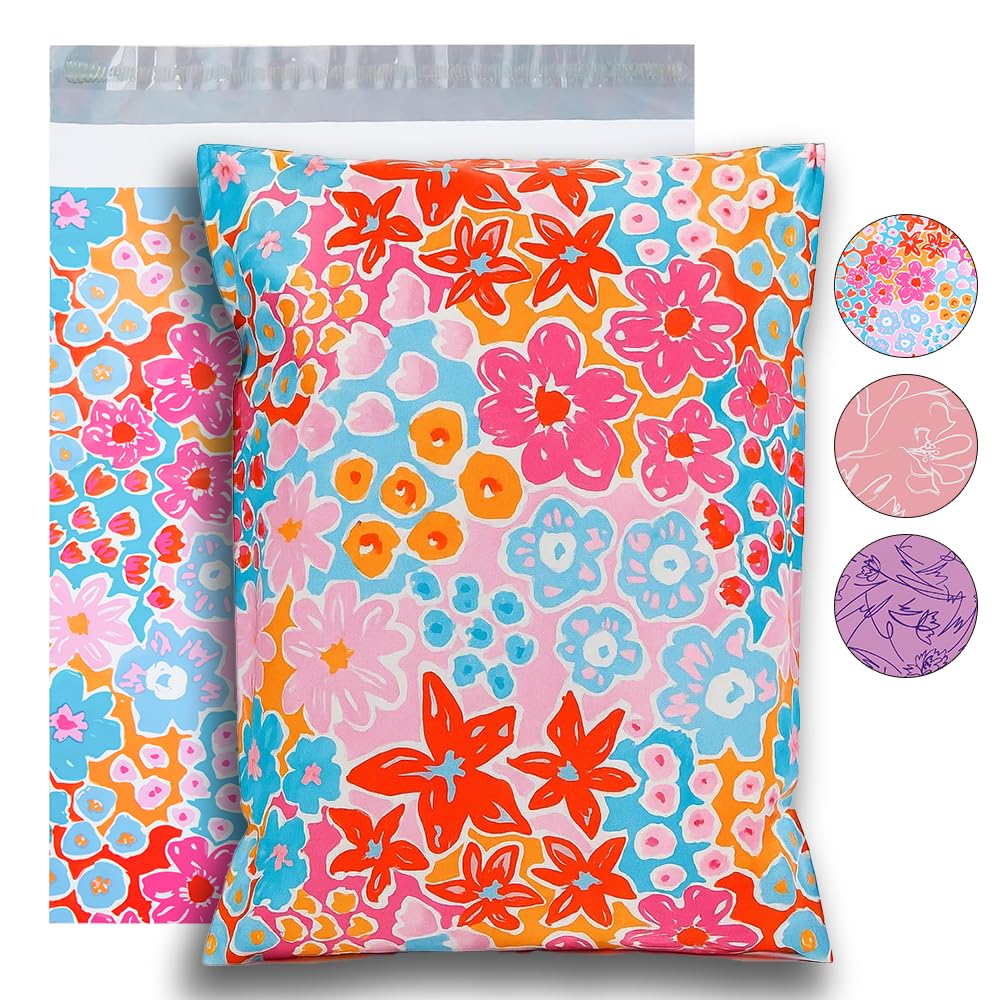 POLYSELLS 100pcs 10x13 Inches Poly Mailers Waterproof & Tear Resistant Mailing Envelopes, Cute Small Business Bags for Clothes, Gifts - Flowers