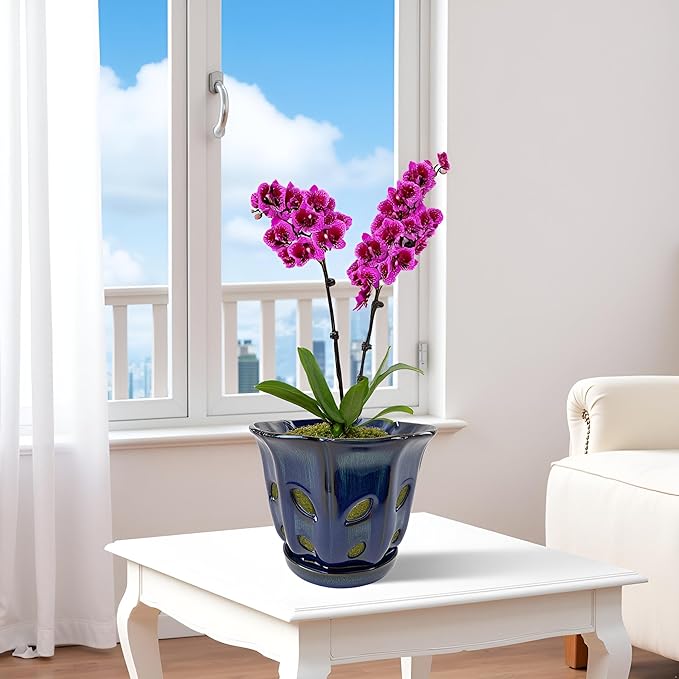Ceramic Orchid Pots with Holes 6 inch (Dark Blue)