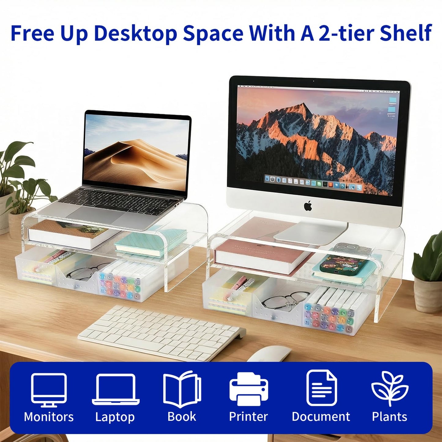 OPNICE Acrylic Clear Desk Organizers and Accessories, 2-Tier Computer Monitor Stand Riser with Drawer, Laptop Stand, Office Desk Accessories for Office Supplies, Transparent