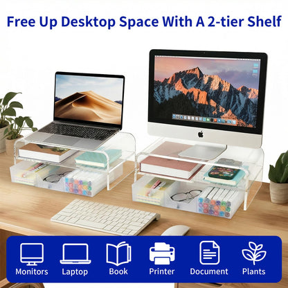 OPNICE Acrylic Clear Desk Organizers and Accessories, 2-Tier Computer Monitor Stand Riser with Drawer, Laptop Stand, Office Desk Accessories for Office Supplies, Transparent