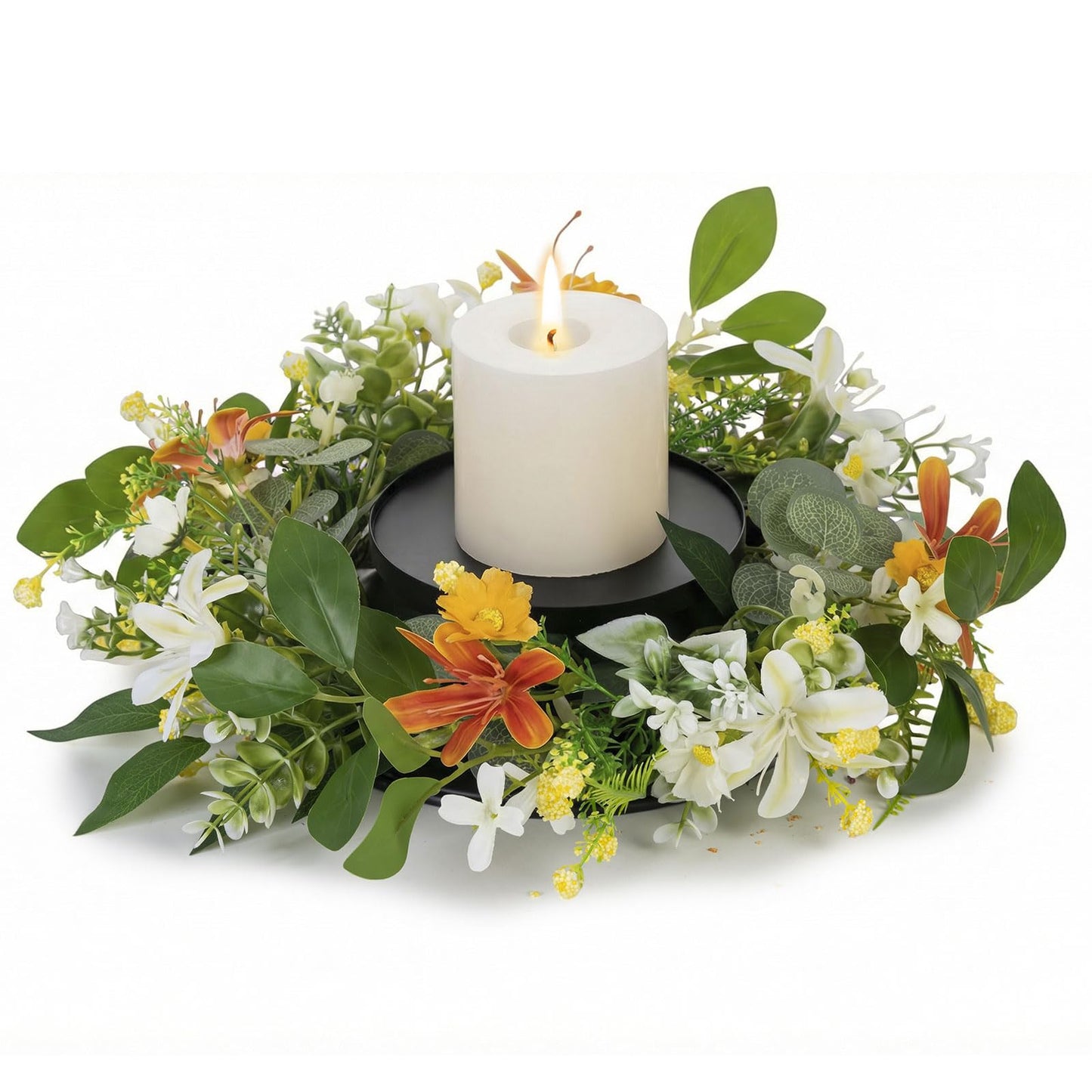 MOYEE Summer Centerpieces for Tables Wreath with Candle Holder,Candle Ring, Black Metal Candlestick with an Artificial Wreaths 14 in Versatile Dining Table Centrepiece (an Orange and White Wreath)