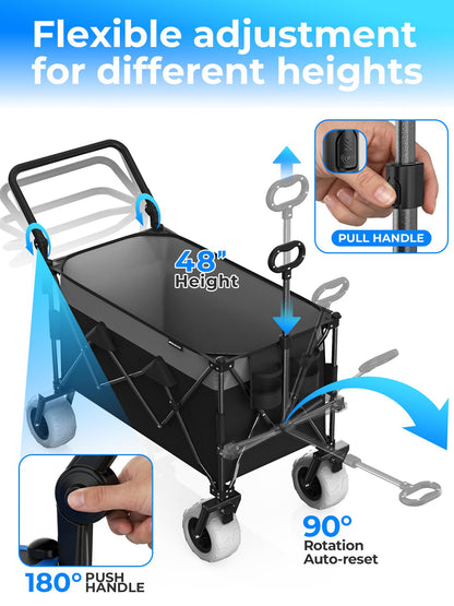 Aimnny 400L Push Pull Beach Wagon, Heavy-Duty Dual-Mode Cart with 9"x4" All-Terrain Wheels & Brakes, Adjustable Handles Collapsible Wagon for Beach,Camping,Grocery & Garden (Black)