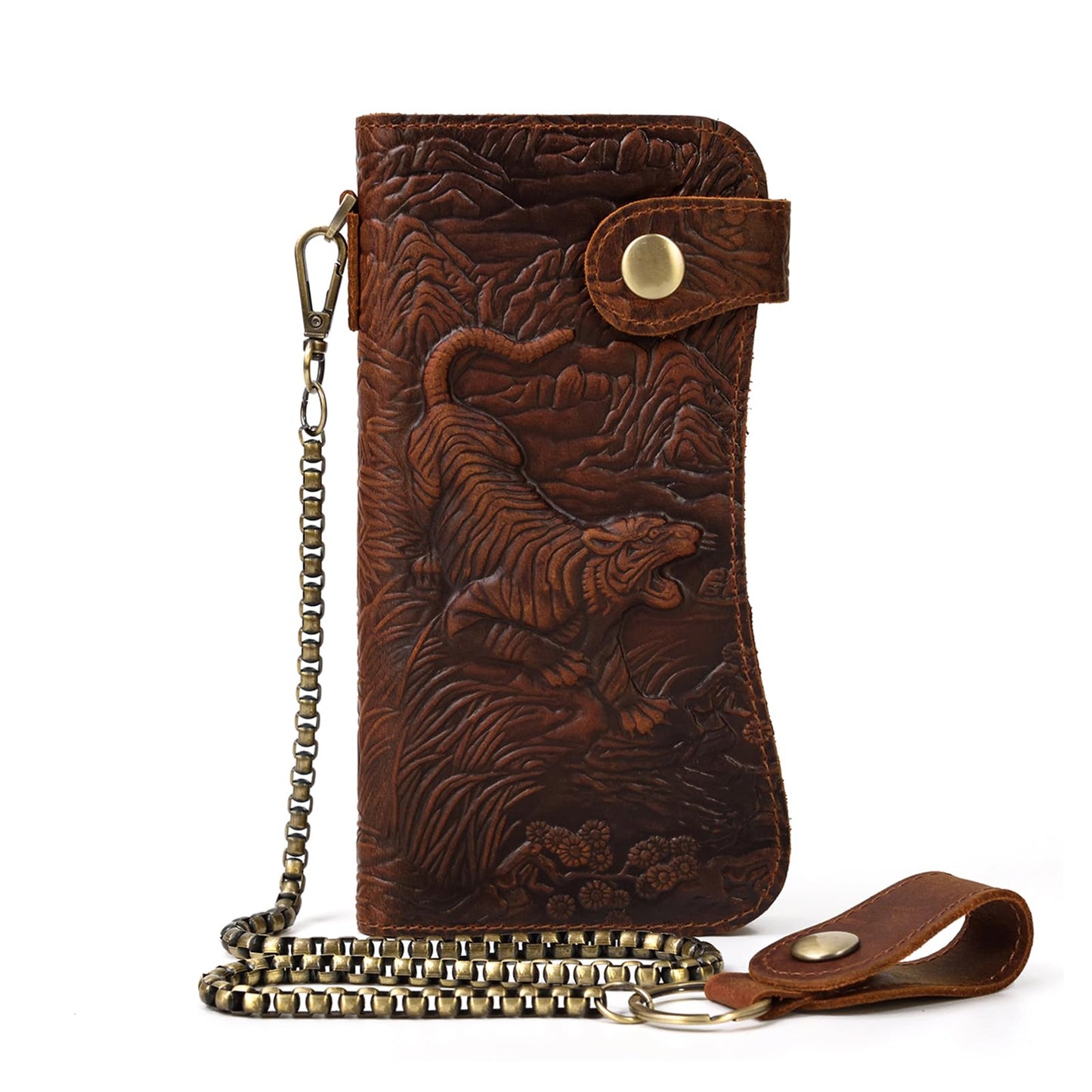 Yevabo Retro Full-grain Genuine Leather Long Wallet Tiger Embossed Bi-fold Clutch Wallet with Anti-Theft Chain, Card Holder Zipper Coin Purse for Men, Brown