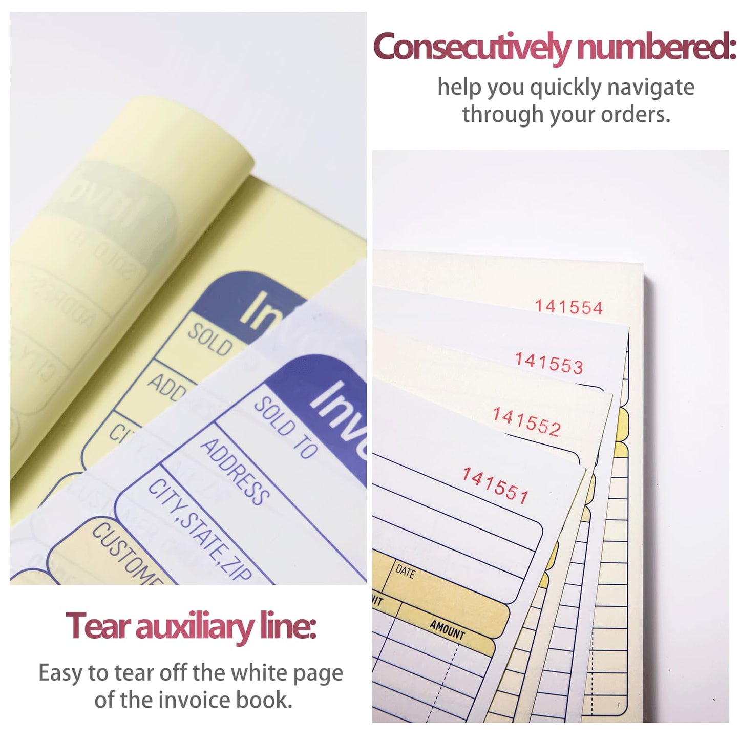 XKDOUS 5 Pack Invoice Receipt Book, 2-Part Carbonless, 5-9/16" x 8-7/16" Invoice Book for Small Business, 50 Sets per Book