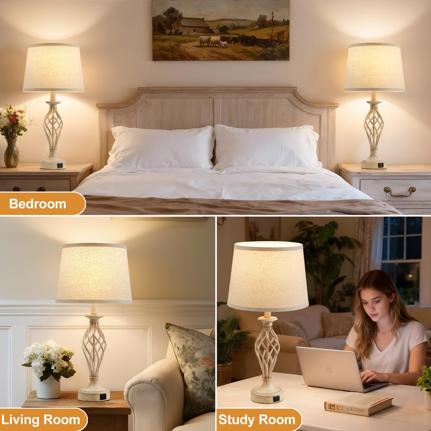 EJIAXIN Bedside Table Lamp for Bedroom Set of 2 - Beige Nightstand Lamps with USB C+A Ports,Rustic Distressed Farmhouse Bedroom Lamp - Lamp for Living Room Reading Bed Side End Table Bulbs Included