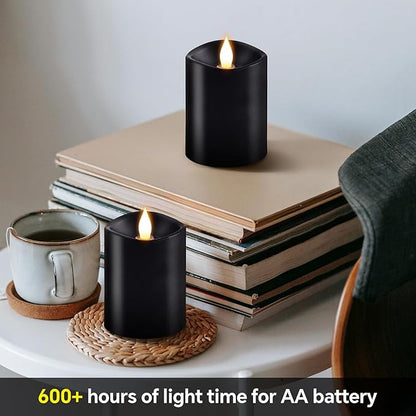 3x4 Flickering Flameless Candles Set of 2,Real Wax Pillar led Candles Flickering,with Timer,4 inch Flameless Candles with Remote,Battery Operated Candles,for Party Holiday Home Decor,Black