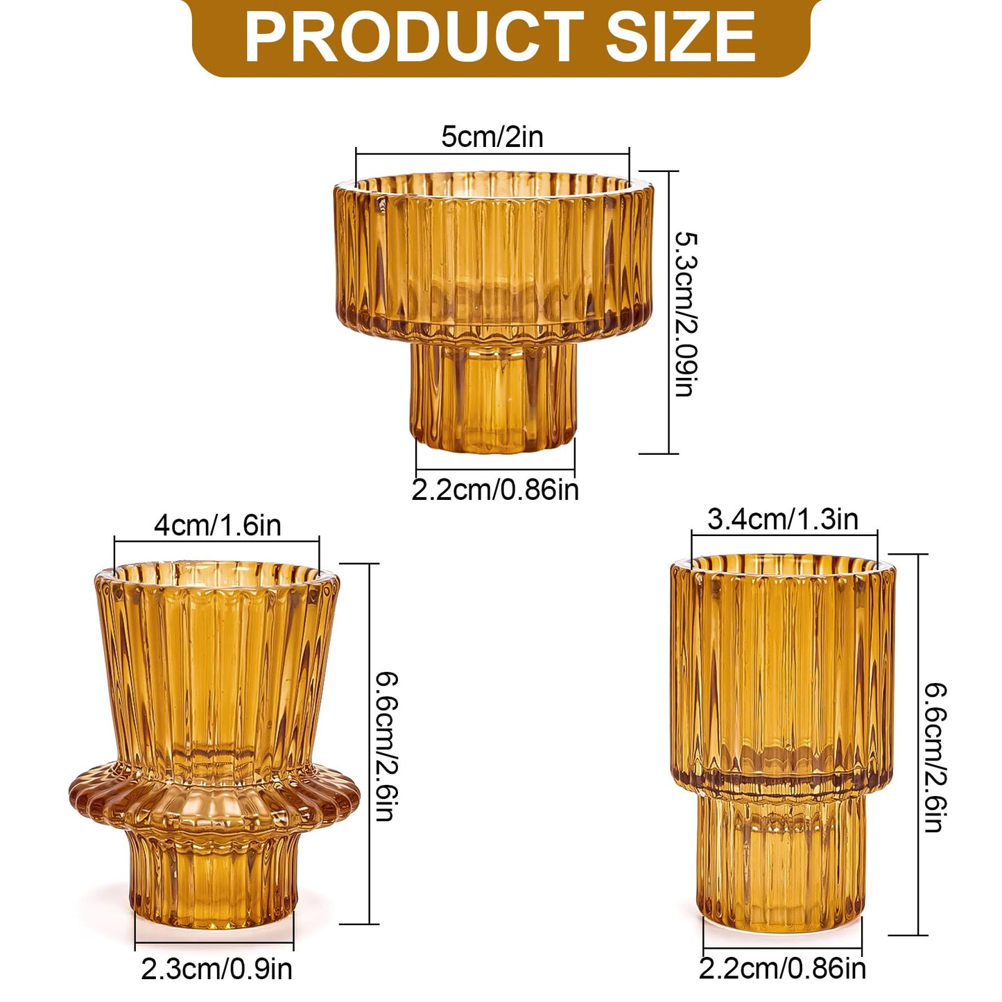 Toptime Candlestick Holders Set of 6, Ribbed Glass Taper Candle Holders, Reversible Amber Tealight & Candle Stick Candle Holder Vintage Crystal Tapered Candlestick for Wedding Dinner Party Festival