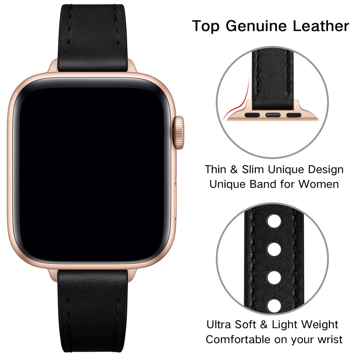 OUHENG Slim Bands Compatible with Apple Watch Band 42mm 41mm 40mm 38mm, Women Genuine Leather Replacement Thin Strap for iWatch SE 3/2/1 Series 11 10 9 8 7 6 5 4 3 2 1 (Black/Rose Gold)